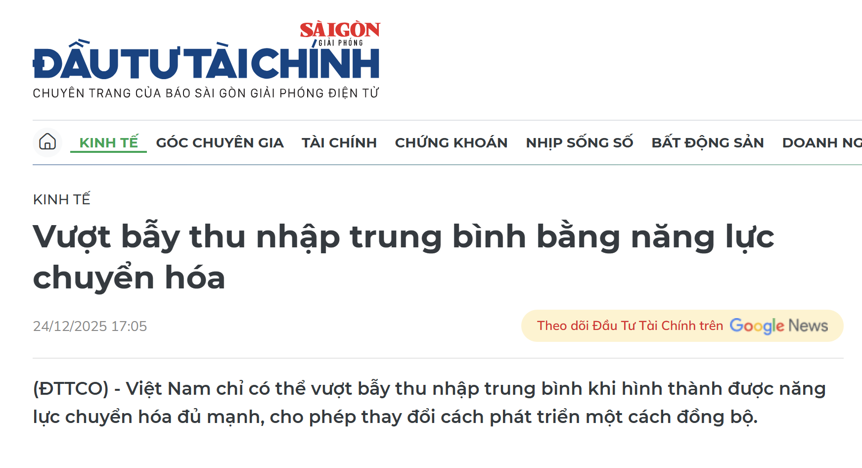 Vượt bẫy thu nhập trung bình bằng năng lực chuyển hóa